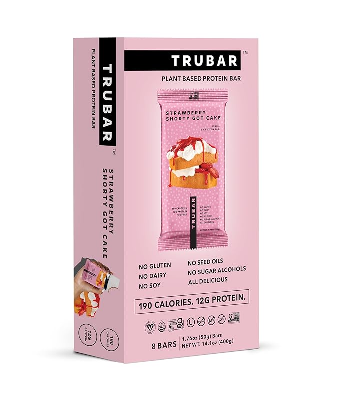 TRUBAR Vegan Protein Bar, Strawberry Shorty Got Cake, Gluten Free, Plant Based Protein, Dairy Free, Non GMO, Soy Free, No Sugar Alcohols, 12G Protein, 12G Fiber, 23G Carb, On the Go Snack Bars, 8 CT