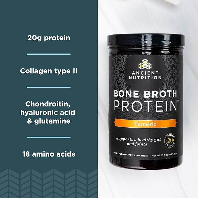 Ancient Nutrition Protein Powder Made from Real Bone Broth, Turmeric 20g Protein Per Serving, Gluten Free Hydrolyzed Collagen Peptides Supplement (20 Serving Tub)