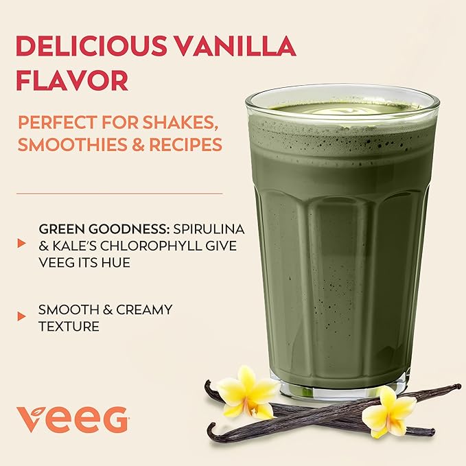 Veeg All in One Protein Smoothie Powder – Vanilla Protein Powder, Vegan Collagen, Greens Superfood Powder, MCT Oil Organic, Multivitamin, Sugar Free, Meal Replacement, Digestive Enzymes,15 Servings