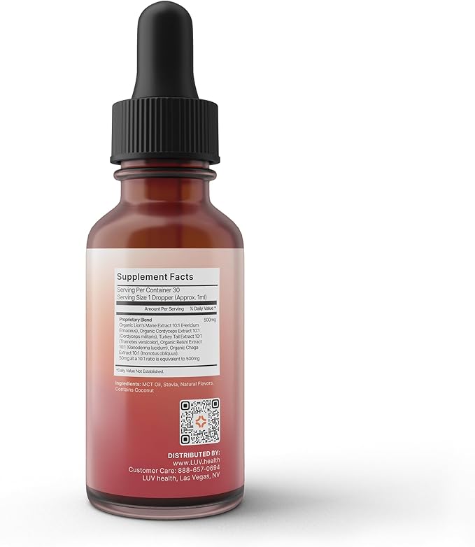 LUV Flow Drops®: Adaptogen Mushroom Blend for Mental Clarity & Energy, Vegan Keto, Focus & Immunity Support, Lion's Mane, Cordyceps, Reishi, USA Made, Non-GMO, 4-Pack 120 Servings