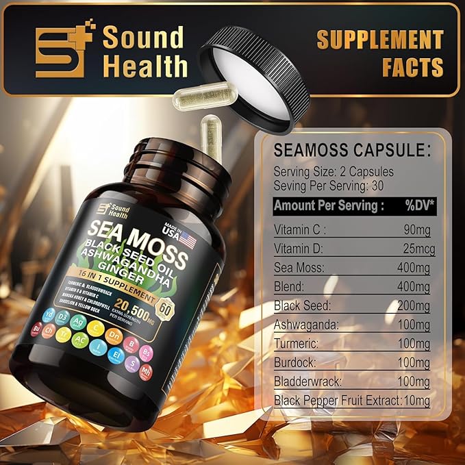 Sea Moss Capsules, Featuring 8000mg Sea Moss, 4000mg Black Seed, Teaming up with 2000mg Ashwagandha, Turmeric, Burdock, and Augmented with Vitamin C and Vitamin D3(30 Days)