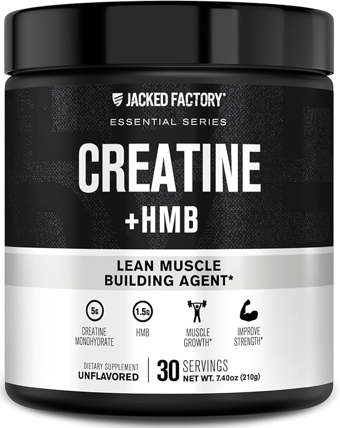 Jacked Factory Creatine Monohydrate + HMB - Creatine Dietary Sports Nutrition Bodybuilding Supplement for Men and Women - Muscle Growth, Increased Strength, Enhanced Energy - 30 Servings, Unflavoured