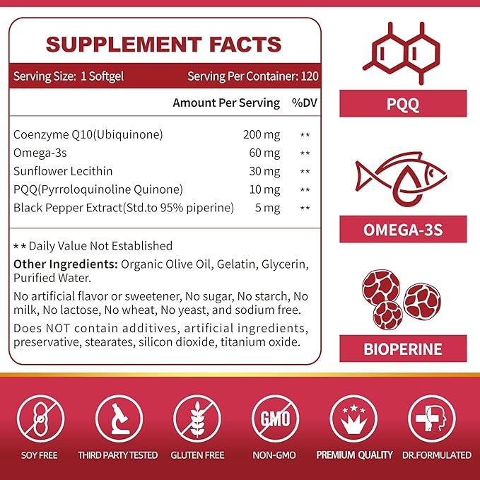 CoQ10-200mg-Softgels with PQQ, BioPerine & Omega-3, 120 Servings Coenzyme Q10(Ubiquinone) Supplement for High-Absorption, Powerful-Antioxidant, Support Heart & Energy-Production