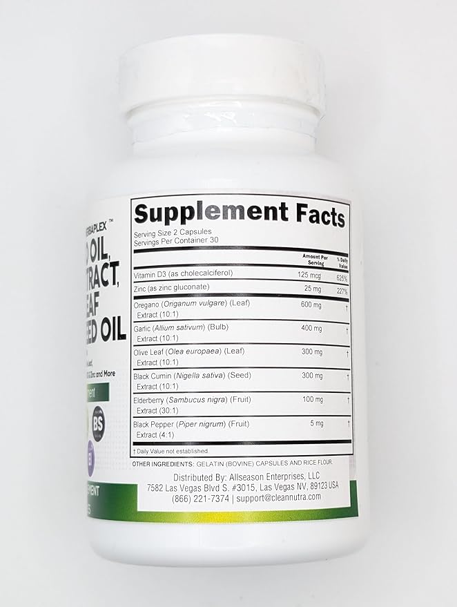 Clean Nutraceuticals Oregano Oil Garlic Extract Olive Leaf Black Seed Oil - Immune Support & Digestive Health Supplement for Women and Men with Vitamin D3 & Zinc - 2Pack