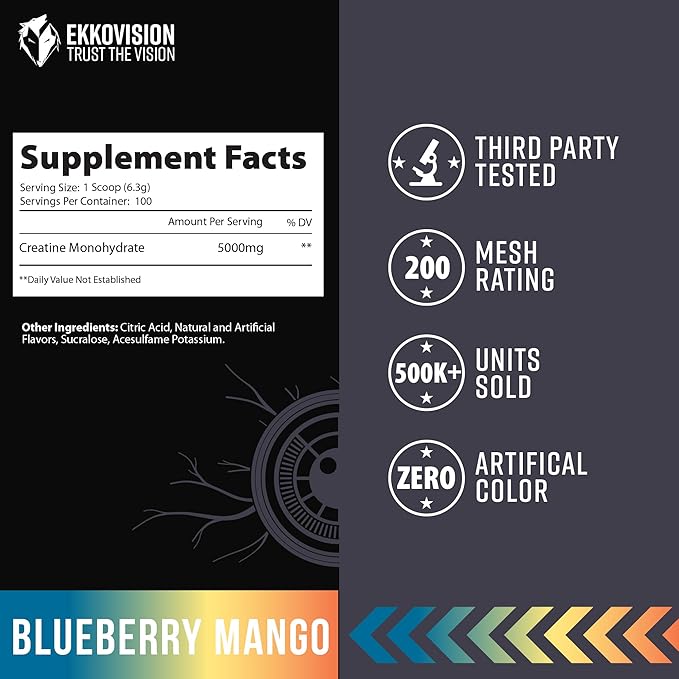 Creatine Monohydrate Powder, Micronized, Blueberry Mango, Pre Workout & Post Workout Supplement for Men and Women, Energy Support, Easy to Mix in Shakes, Smoothies & Beverages, 100 Servings
