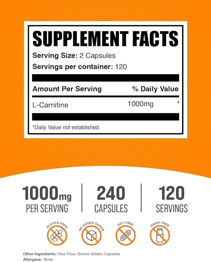 BulkSupplements.com L-Carnitine 1000mg Capsules - Carnitine Supplement, L Carnitine 1000mg, L-Carnitine Capsules - 2 Capsules per Serving (1000mg), 240 Capsules (Pack of 1)