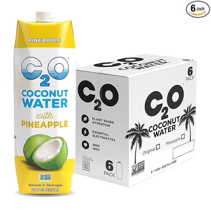 C2O - Coconut Water with Pineapple (6 Pack) - Made with Fresh Coconut Water - Plant Based, Non GMO Water - Natural Hydration, Essential Electrolytes, & Potassium - 6 Tetra Packs, 33.8 FL OZ