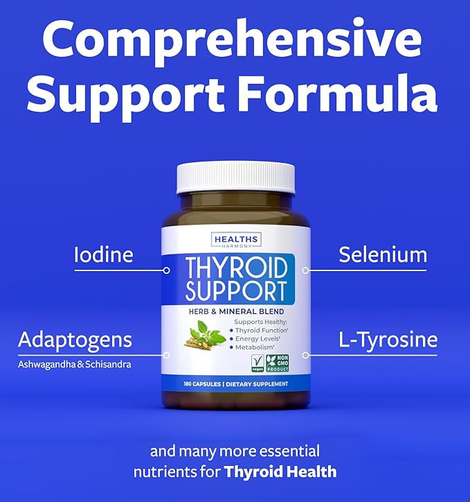 Thyroid Support with Iodine - 180 Capsules (Non-GMO) Improve Your Energy - Ashwagandha Root, Zinc, Selenium, Vitamin B12 Complex - Thyroid Health Supplement for Women and for Men - 90 Day Supply