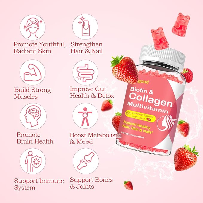 Collagen Gummies for Women Men, Women Over 50, Collagen Peptides Protein Type I,II,III,V,X with Biotin Keratin Vitamin C A D E B12 K2 for Skin Hair Nails Immunity Energy 60 Strawberry Flavored Gummies