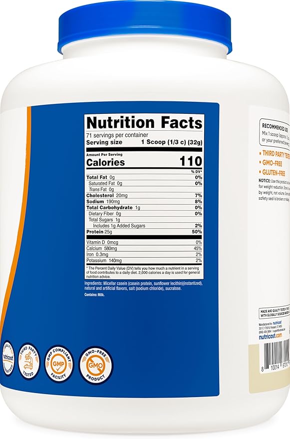 Nutricost Casein Protein Powder 5lb Vanilla - Micellar Casein, Gluten Free, Non-GMO
