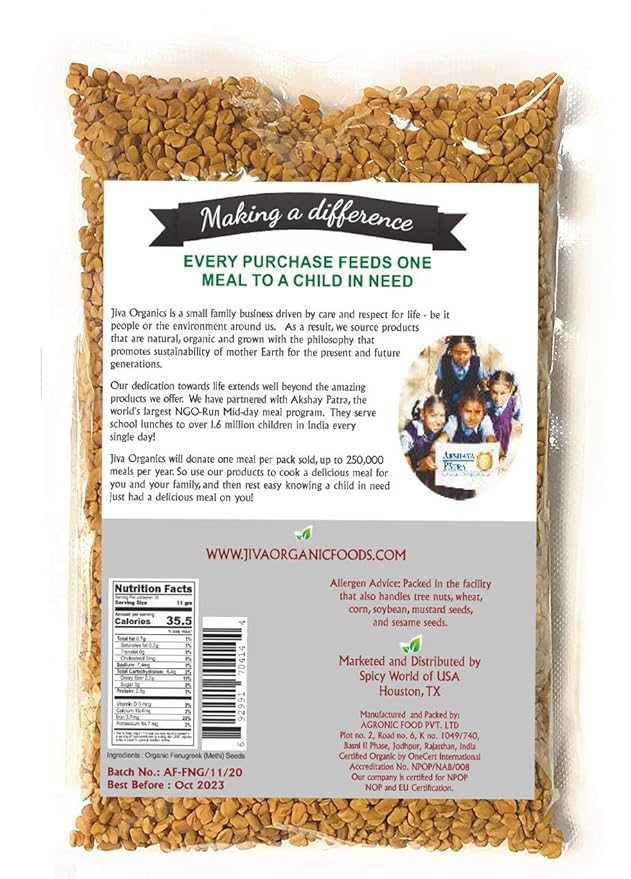 Jiva Organic Fenugreek Seeds 7 Ounce – Non-GMO, Gluten Free, All Natural Fenugreek Spice – Organic Fenugreek Seeds for Hair Growth, Cooking & Sprouting - Methi Seeds for Methi Dana Water - Raw & Natural, Product of India