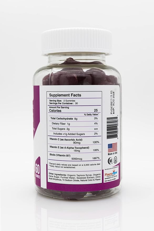 Hair Skin & Nail Vitamin Gummies with Biotin Vitamin C and E -Vegan Gluten Free & Non-GMO Ingredients -60 Count