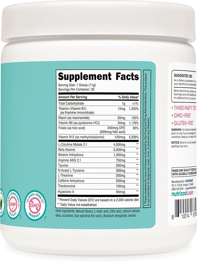 Nutricost Pre-Workout Powder for Women, Blue Raspberry, 30 Servings