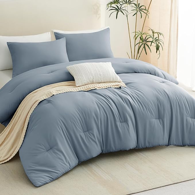 CozyLux Grayish Blue Comforter Set King Size, 3 Pieces Solid Breathable Quilted Boho Style Bedding Sets, Luxury Fluffy Soft Microfiber Comforter for All Season(1 Comforter & 2 Pillowcases)