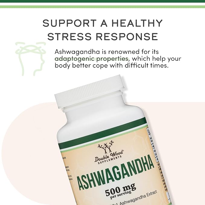 Ashwagandha Capsules, 120 Count (500mg Extract 20:1 Potency) Adaptogen Stress Relief by Double Wood