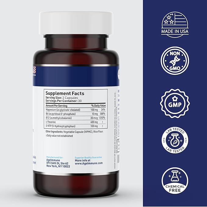 5-HTP Formula for Stress Relief and relaxation support for Teens and Adults with 5-HTP, L-Theanine, Vitamin B6, Vitamin B12, Magnesium - Doctor Formulated - Magnesium Stearate Free - 60 capsules.
