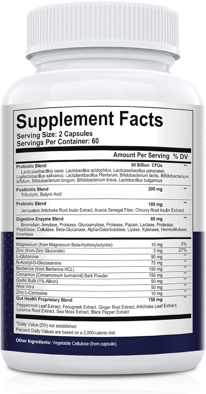Probiotic Prebiotic, Postbiotic & Digestive Enzymes for Digestive Health, 80 Billion CFU Probiotics Complete Gut Support with Berberine, Cinnamon, L-Glutamine, for Men & Women, 120 Capsules