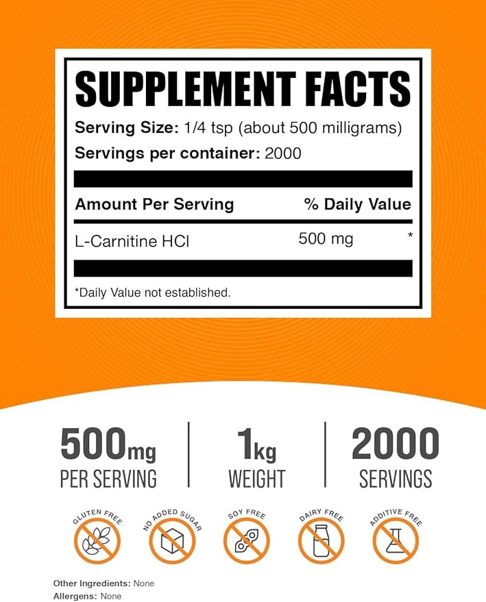BulkSupplements.com L-Carnitine HCl Powder - Carnitine Supplement, Carnitine Powder, L-Carnitine 500mg - Unflavored & Gluten Free, 500mg per Serving, 1kg (2.2 lbs) (Pack of 1)