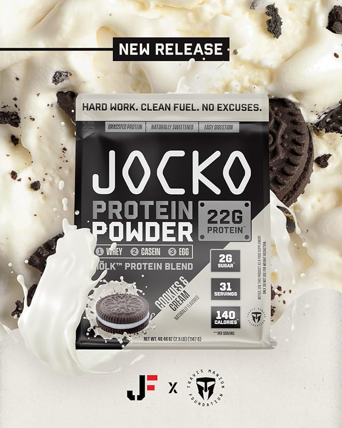 Jocko Fuel Mölk Whey Protein Powder - Keto, Probiotics, Grass Fed, Digestive Enzymes, Amino Acids, Low Sugar Monk Fruit Blend - Supports Muscle Recovery & Growth (2.5 LB, Cookies & Cream)