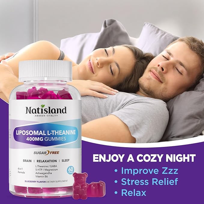 Liposomal L-Theanine Gummies for Adults & Kids, L Theanine 400mg/200mg Supplement with GABA, 5-HTP, Magnesium, Ashwagandha & Vitamin B6 for Focus, Relaxation & Zzz, Sugar-Free, Vegan, 60 Chewable