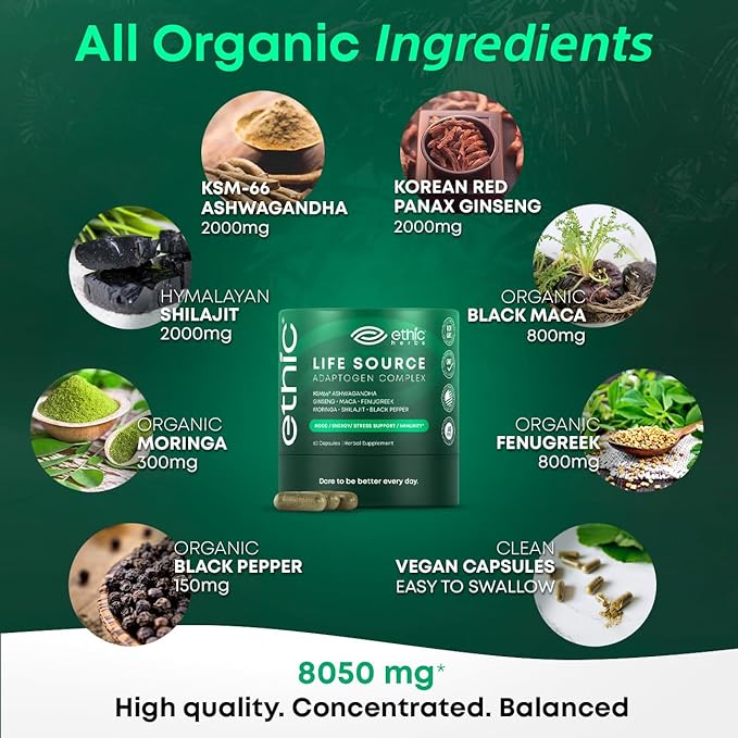 Organic KSM66 Ashwagandha Blend for Mood Boost and Stress Support with Maca Ginseng Shilajit Moringa Fenugreek. Natural Multivitamin Supplements for Women and Men 60 Capsules