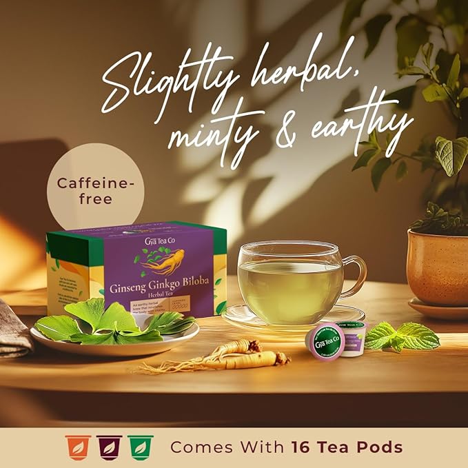 Gya Tea Co Ginkgo Biloba and Ginseng Herbal Tea Pod (16 ct) - Decaf Wellness Tea for Energy, Relaxing & Digestive Health