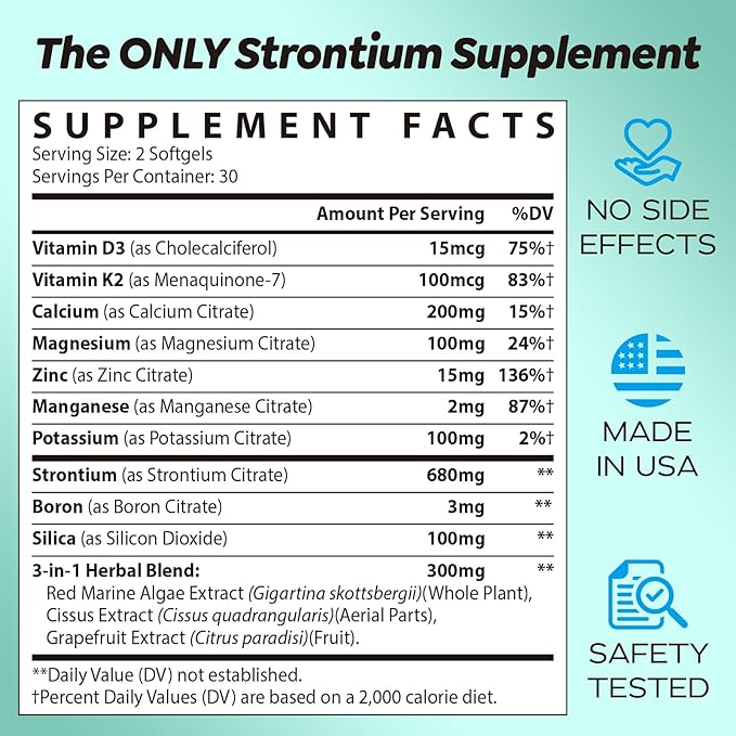 Liposomal Strontium Citrate 680mg–Advanced Bone Density & Joint Support Formula with Calcium, Vitamin K2 (MK-7), Magnesium & Herbal Bone Blend–Natural Citrus Flavor–120 Softgels