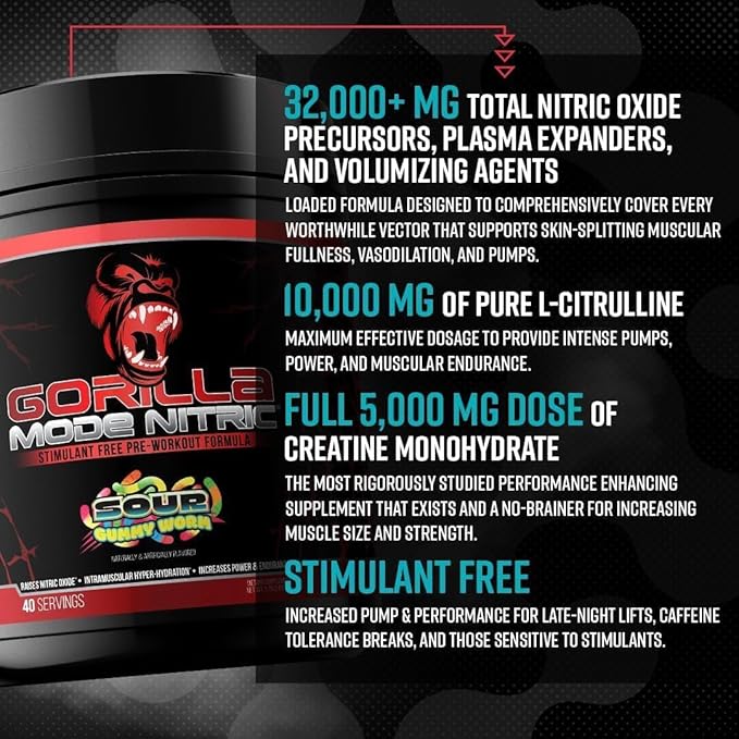 Gorilla Mode Nitric Upgraded Stimulant Free Pre-Workout – Best Tasting and Most Effective Stimulant Free Pre-Workout/Massive Pumps · Vasodilation · Power / 780 Grams (BlackBerry Lemonade)