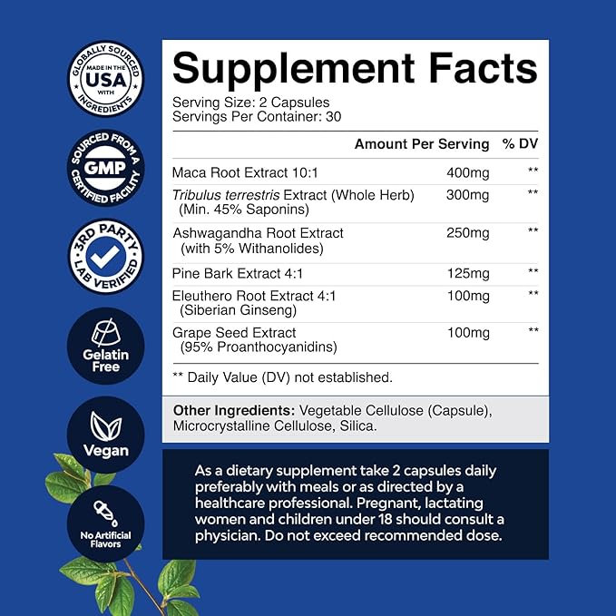 Potent Black Maca Root Capsules for Men - Herbal Wellness Supplement with Siberian Ginseng Ashwagandha and Black Maca Root - Men’s Wellness Supplement to Support General Health (30 Servings)