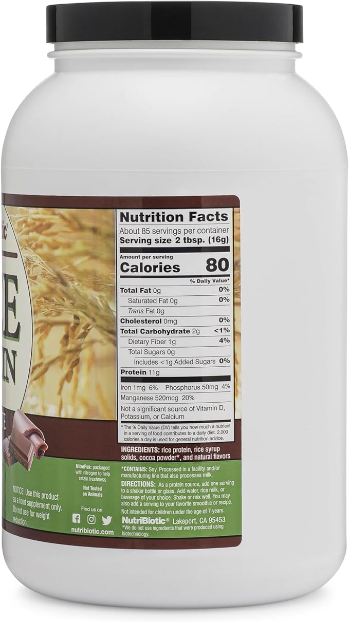 NutriBiotic – Chocolate Rice Protein, 3 Lb (1.36kg) | Low Carb, Vegetarian & Keto-Friendly Raw Protein Powder | Grown & Processed Without Chemicals, GMOs or Gluten | Easy to Digest & Nutrient-Rich