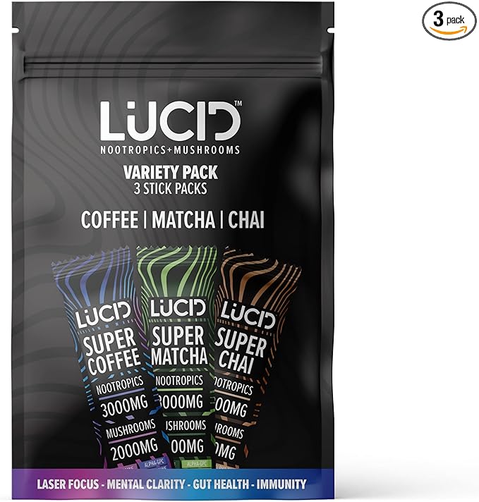 Lucid Sample Size Variety Pack, Nootropic Superfood Drink Mix with Mushrooms, 3 Flavors - Coffee, Matcha, and Chai, Focus and Mental Clarity Support