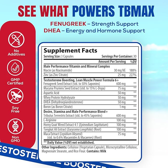 Testosterone Booster for Men over 50, Max Male Test Enhancing Pill, Libido Muscle Growth Super Workout Energy Supplement, Tongkat Ali, Tribulus, Maca Root, Horny Goat Weed, DHEA, Boron 90 Capsules