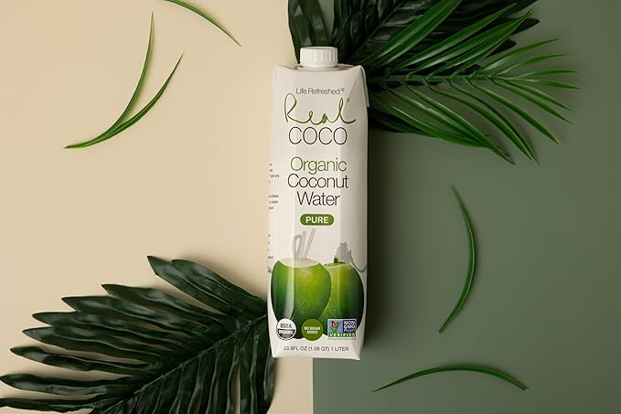 Real Coco Organic Pure Coconut Water (6-Pack 1L), USDA Organic, No Added Sugar, Plant Based, Packed with Electrolytes, Vegan