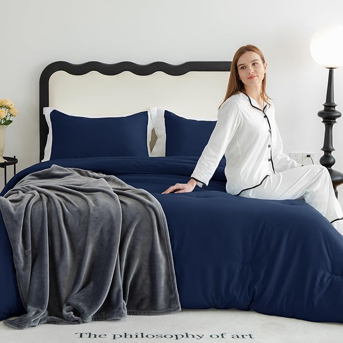 CozyLux Navy Blue Comforter Set Queen Size, 3 Pieces Solid Breathable Quilted Style Bedding Sets, Luxury Fluffy Soft Microfiber Comforter for All Season (1 Comforter & 2 Pillowcases)