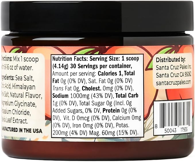 Santa Cruz Paleo Electrolyte Powder Peach with Himalayan & Sea Salt, Magnesium, Potassium, Sugar-Free, 30 Servings