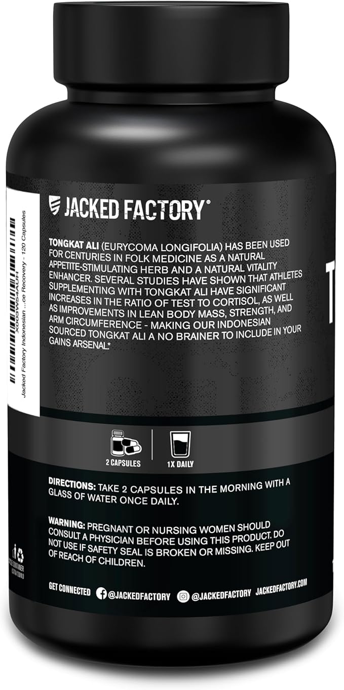 Jacked Factory Indonesian Tongkat Ali - 200:1 Extract Longjack Tongkat Ali for Men to Support Vitality, Improve Mood, Boost Natural Energy Levels, & Enhance Recovery - 120 Capsules