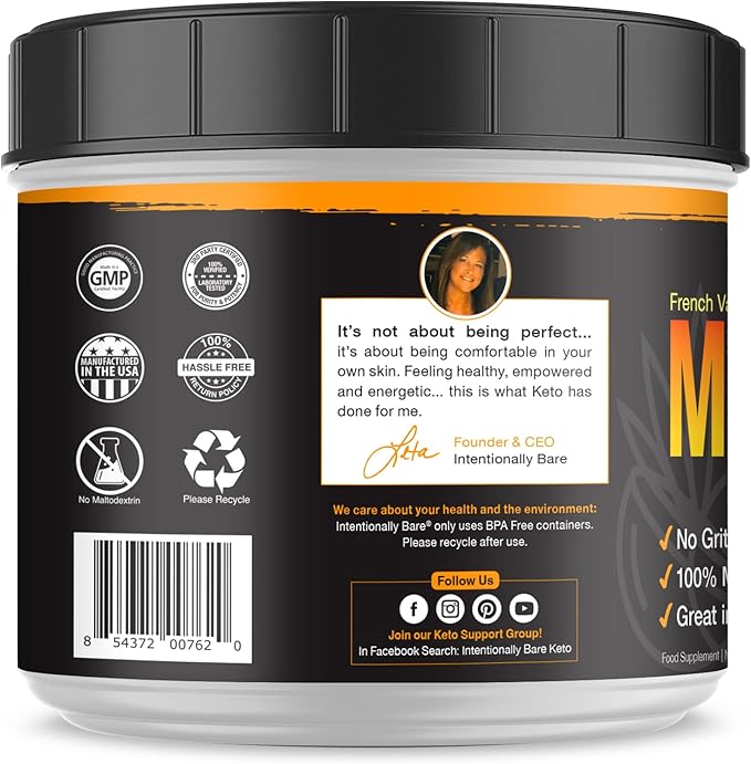 Intentionally Bare MCT Oil Powder French Vanilla MCT Coffee Creamer - C8 MCT Oil Powder for Energy & Metabolism - No Grit Keto Energy Blend Excellent in Baking, Shakes & Creamer for Coffee - 40 Ser