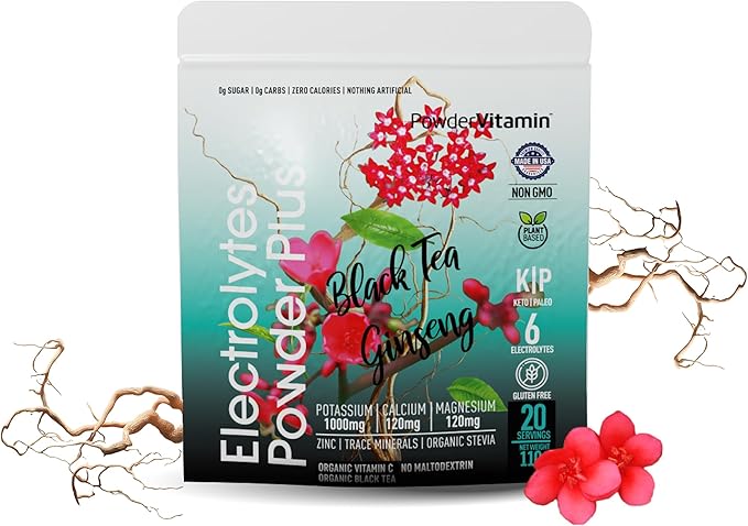 Electrolytes Powder Plus (20 Servings) Black Tea Ginseng Electrolyte Powder Keto, Sugar Free, Pink Himalayan Salt,1000mg Potassium,120mg Calcium,120mg Magnesium, Hydration Powder