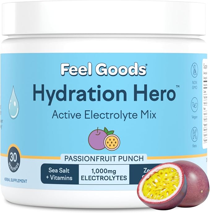 Feel Goods Hydration Hero, 1,000mg Electrolytes Powder, Sugar Free, Magnesium, Organic Aloe Vera, L Theanine, Vitamin C, B12, Keto, Vegan, Plant Based, Passion Fruit Punch, 30 Servings