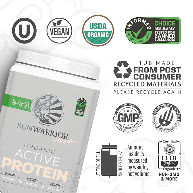 Sunwarrior Vegan Protein Powder Plant-Based USDA Organic BCAAs 30g per Serving | Sugar, Gluten, Dairy Free Non-GMO | Chocolate Flavored, 20 Servings | Active Sport