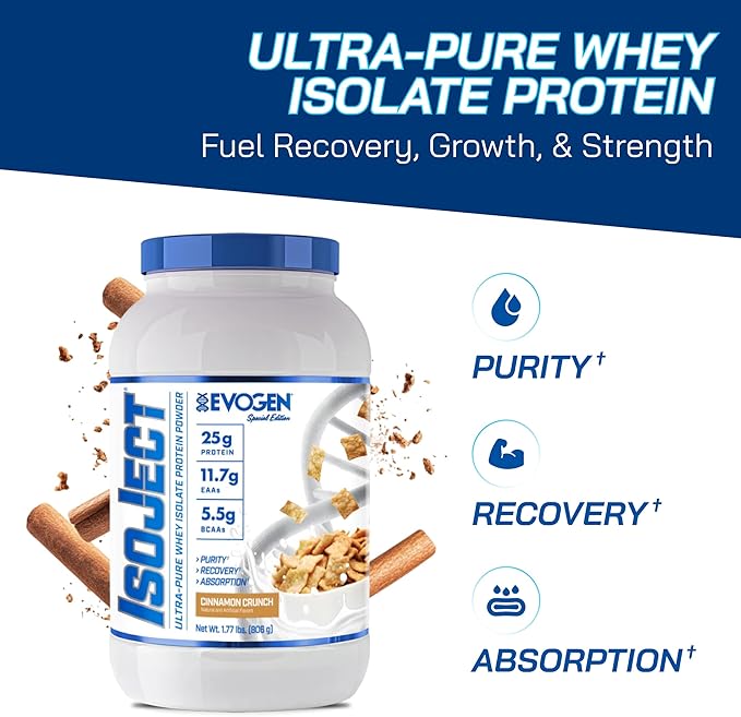 Evogen Isoject - Whey Protein Isolate | Ultra-Pure Whey Protein Powder with Ignitor Enzymes, BCAAs, and EAAs | Enhanced Absorption & Recovery | Cinnamon Crunch | 26 Servings