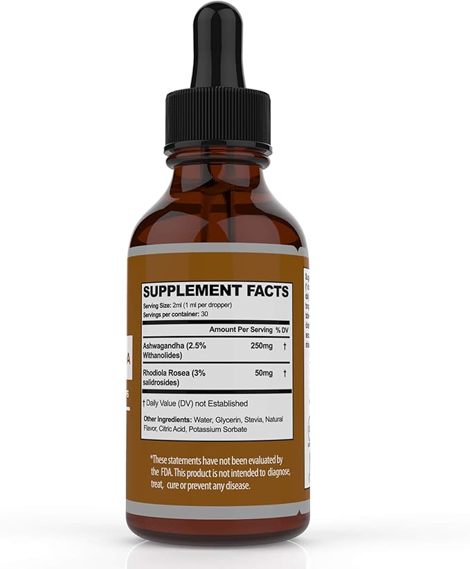 Ashwagandha Liquid Drops - Organic Ashwagandha Supplements with Rhodiola Rosea Tincture - Root Extract for Mood and Energy - Supplement for Men & Women