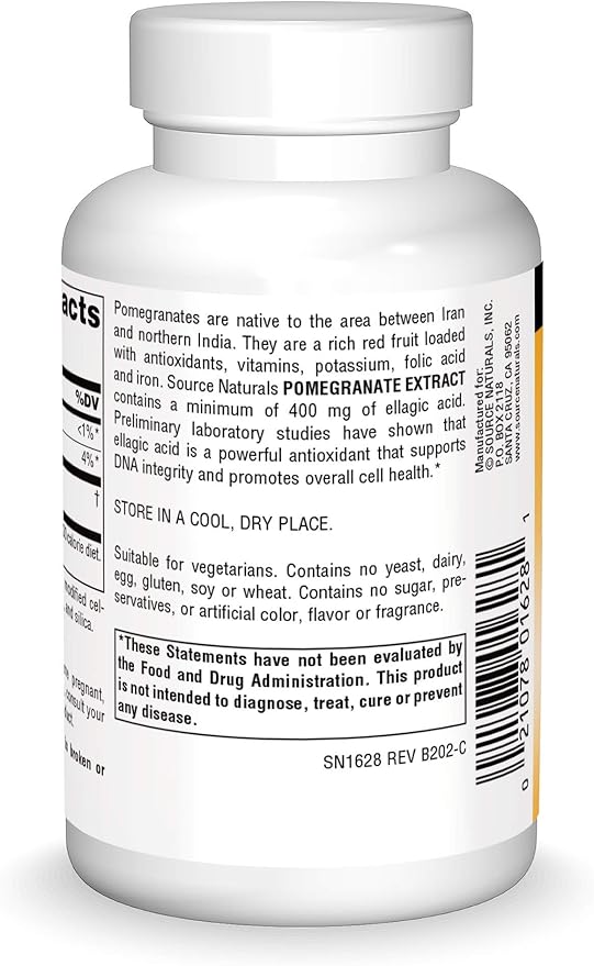 Source Naturals Pomegranate Extract 500mg Complete Whole Fruit Ellagic Acid Antioxidant & Added Fiber - 120 Tablets