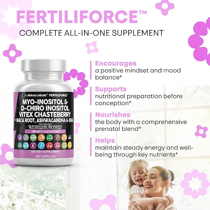 Clean Nutraceuticals Myo-Inositol & D-Chiro Inositol 2050mg Fertility Supplement 40:1 Ratio - Prenatal Vitamins for Women with Ashwagandha Maca Root Vitex Chasteberry Iron DHA Folic Acid DIM Zinc (1)