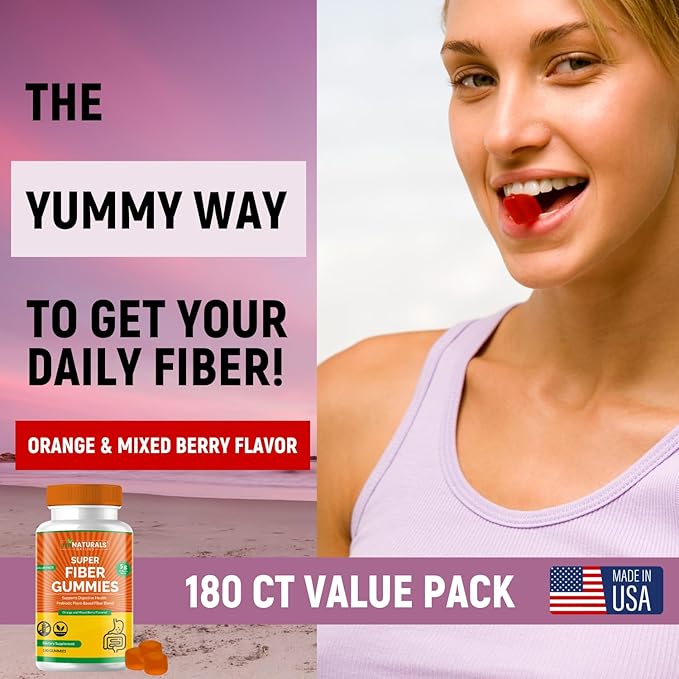 Prebiotic Fiber Supplement Gummies | Value Pack - 180 ct | 5 g per Gummy | Plant Based Digestive Gut Cleansing | Orange & Mixed Berry