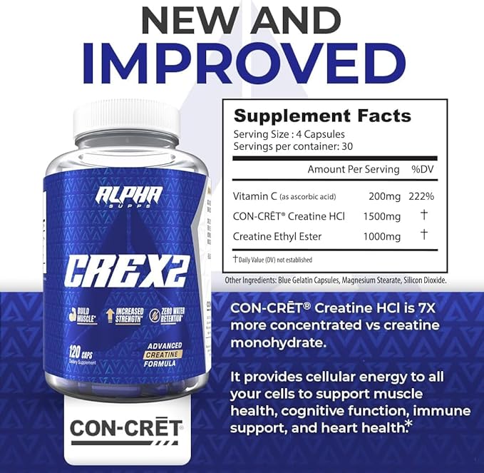 Cre X2 Creatine Formula - CON-CRĒT® Creatine Hcl & CEE Ethyl Ester Blend - High-Potency for Enhanced Performance & Muscle Building Support - 120 Capsules