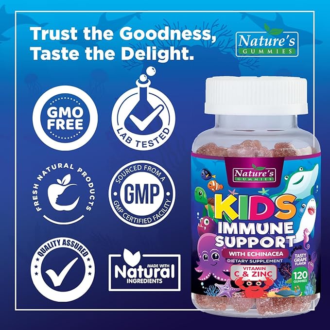 Kids Immune Support Gummies with Echinacea, Zinc & Vitamin C - Berry Flavor Chewable Kids Immunity Gummy Support, Non-GMO Gluten-Free Vegan - Daily Childrens Vitamins with Immune Support - 120 Gummies