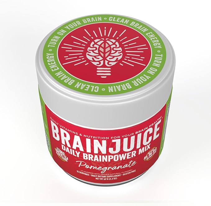 BrainJuice Nootropics Brain Support Supplement, Gluten Free Powder for Energy and Focus, Drink Mix with L Theanine, Alpha GPC, Vitamin B, Organic Green Tea Extract Caffeine, Pomegranate, 15 Servings