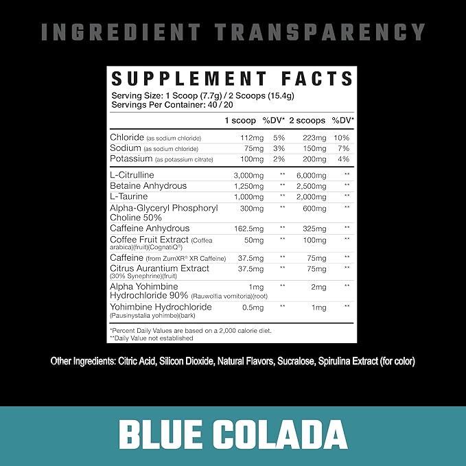 Axe & Sledge HWMF Pre-Workout Powder - 20/40 Servings - Caffeine, L-Citrulline, Betaine (20/40 Servings, Blue Colada)