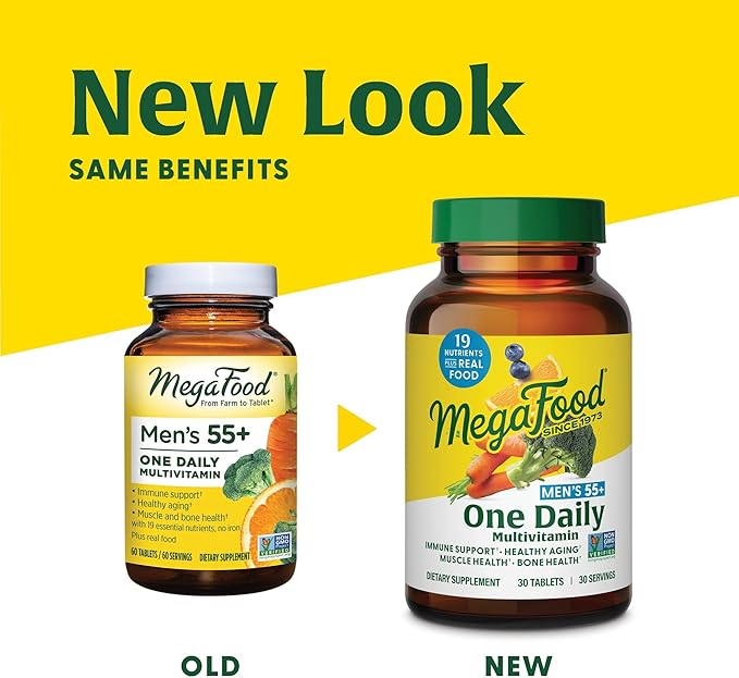 MegaFood Men's 55+ One Daily - Multivitamin for Men with Vitamin B12, C, D & Zinc - Optimal Aging & Immune Support Supplement - Vegetarian - Made Without 9 Food Allergens - 90 Tabs